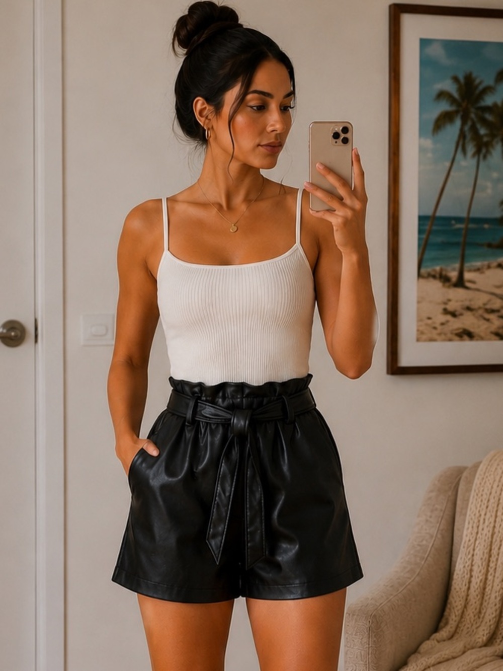 High-Waist Paperbag Faux Leather Shorts - Black NWOT